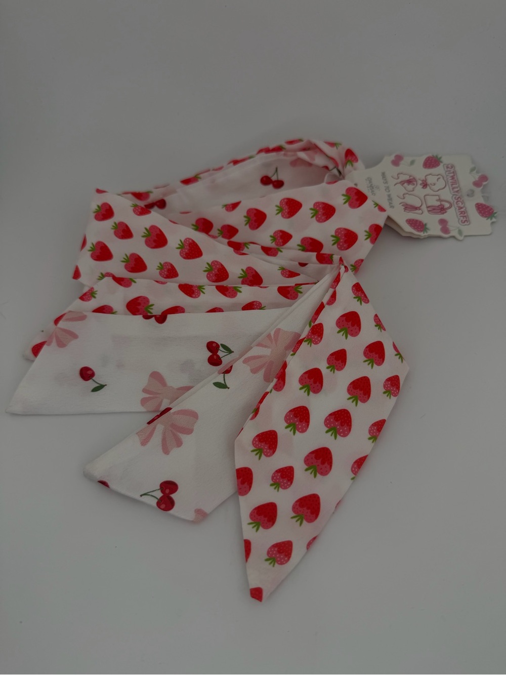 Set of 2 Fashion Scarves Strawberries Cherries Pink Bows - Picture 5 of 5